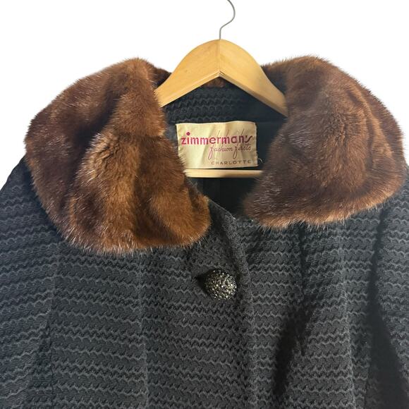 Zimmerman’s Vintage 50s 60s Black Woven Wool Coat Brown Mink Fur Collar Medium - Picture 2 of 12